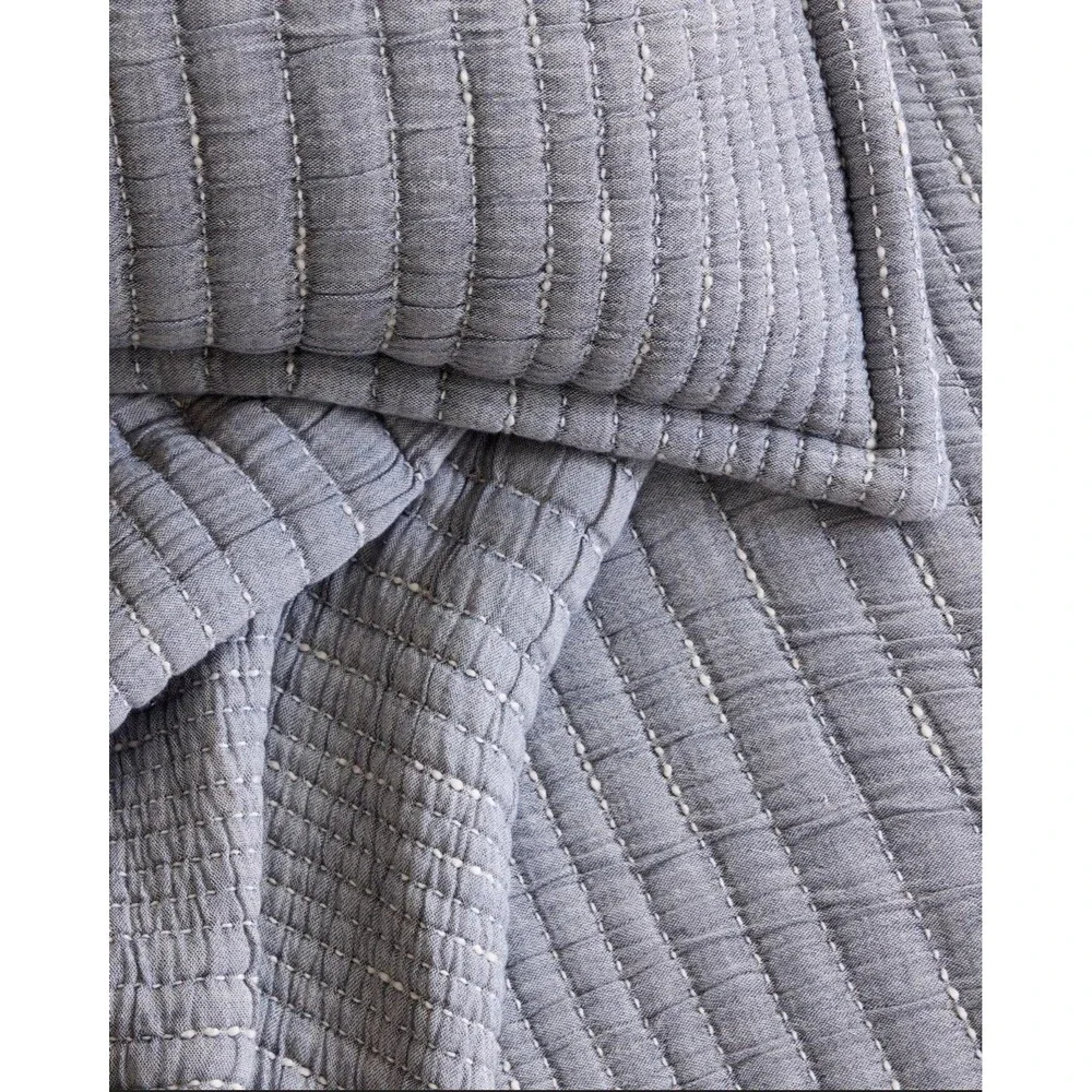 Quince Organic Cotton Channel Stitch Coverlet Set King Cal King Blue NEW